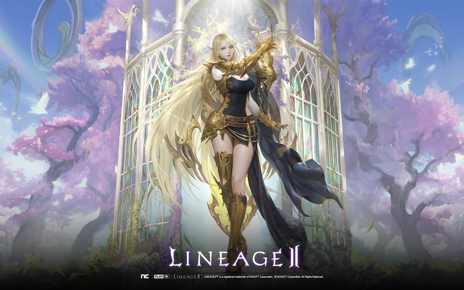 An elf in golden armour beneath a bright arch in the forest